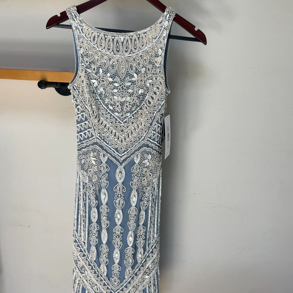 Theia - Embellished Beaded Sleeveless Mesh Column Dress, Blue
